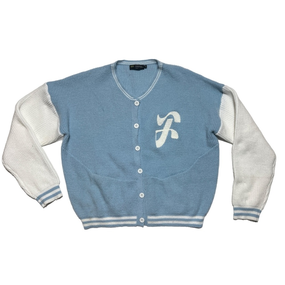 blue and white varsity cardigan sweater (M/L)